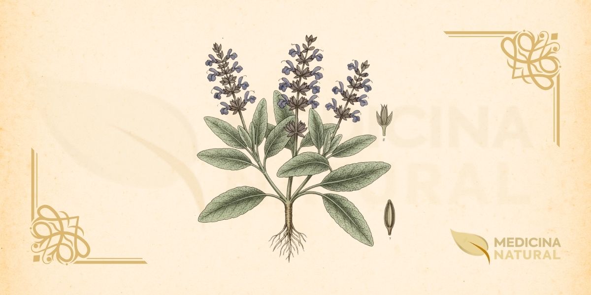A Salvia officinalis é um subarbusto perene que pode atingir de 30 a 80 cm de altura. Suas folhas são opostas, pecioladas, oblongas a lanceoladas, com 3 a 8 cm de comprimento, de cor verde-acinzentada e textura aveludada devido à densa cobertura de tricomas. As flores são tubulares, bilabiadas, de cor violácea, azul ou raramente branca, dispostas em inflorescências do tipo espiga. A planta exala um aroma forte e característico, especialmente quando as folhas são esmagadas. Floresce principalmente na primavera e início do verão. Nativa da região do Mediterrâneo, a sálvia é cultivada em todo o mundo em climas temperados e é altamente resistente à seca.