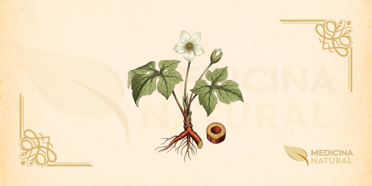 Sanguinaria canadensis L. (Papaveraceae) é uma planta herbácea perene que emerge no início da primavera. Possui um rizoma horizontal carnoso, de cor marrom-avermelhada, que libera uma seiva vermelha-alaranjada quando cortado. A planta produz uma única folha basal, profundamente lobada (5-9 lobos), que inicialmente envolve o botão floral. A folha pode atingir até 20 cm de largura quando totalmente expandida. A flor solitária possui 8-12 pétalas brancas (raramente rosa), com um centro amarelo-dourado repleto de estames. A floração ocorre de março a maio, dependendo da localização. O fruto é uma cápsula alongada que contém sementes com elaiossomas (estruturas carnosas que atraem formigas para dispersão). A planta é nativa do leste da América do Norte, desde o Canadá até a Flórida, crescendo em florestas decíduas úmidas e ricas em húmus.