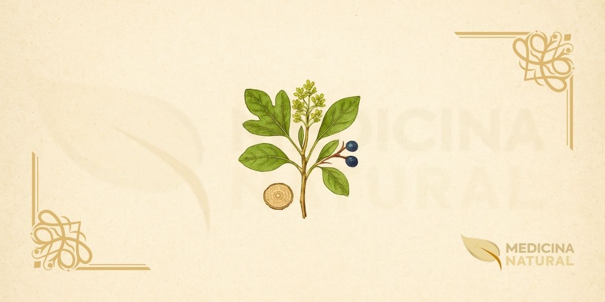 Ilustração botânica de Sassafras albidum (Nutt.) Nees (sassafrás, sassafrás-branco, sassafras), árvore caducifólia da família Lauraceae descrita por Nuttall e validada por Nees em 1836, nativa do leste da América do Norte, mostrando ramo com folhas polimórficas características (três formas distintas: oval inteira, com um lobo lateral em forma de luva, e trilobada), flores amarelo-esverdeadas em cachos, frutos azul-escuros em pedúnculos vermelhos, e corte transversal da casca aromática da raiz, em estilo de enciclopédia botânica do século XIX.