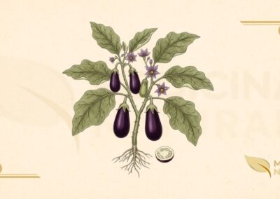 Solanum melongena L. (Solanaceae) é uma planta herbácea ou arbustiva anual ou perene de curta duração, de 0,4 a 2 metros de altura. Caule ereto, ramificado, verde-acinzentado, frequentemente com espinhos e coberto por pelos estrelados. Folhas alternadas, simples, ovadas a oblongas, de 10-30 cm de comprimento e 5-15 cm de largura, verde-acinzentadas, com pelos estrelados em ambas as faces, margem inteira ou levemente lobada, algumas variedades com espinhos nas nervuras. Flores solitárias ou em pequenos grupos axilares, actinomorfas, hermafroditas, com 5-7 pétalas fusionadas, roxas, violetas ou brancas, de 3-5 cm de diâmetro, com estames amarelos proeminentes. Fruto é uma baga grande, pendente, de forma variável (ovóide, oblonga, cilíndrica, globosa), de 5-30 cm de comprimento, casca lisa e brilhante, de cor roxa-escura, branca, verde, listrada ou amarela, polpa esponjosa, branca ou esverdeada, com numerosas sementes pequenas e achatadas. Nativa da África tropical e do Oriente Médio, domesticada na Índia, amplamente cultivada em regiões tropicais, subtropicais e temperadas quentes. Sinônimos botânicos: Solanum esculentum Dunal, Solanum ovigerum Dunal.