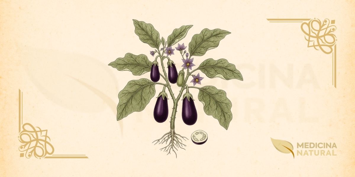 Solanum melongena L. (Solanaceae) é uma planta herbácea ou arbustiva anual ou perene de curta duração, de 0,4 a 2 metros de altura. Caule ereto, ramificado, verde-acinzentado, frequentemente com espinhos e coberto por pelos estrelados. Folhas alternadas, simples, ovadas a oblongas, de 10-30 cm de comprimento e 5-15 cm de largura, verde-acinzentadas, com pelos estrelados em ambas as faces, margem inteira ou levemente lobada, algumas variedades com espinhos nas nervuras. Flores solitárias ou em pequenos grupos axilares, actinomorfas, hermafroditas, com 5-7 pétalas fusionadas, roxas, violetas ou brancas, de 3-5 cm de diâmetro, com estames amarelos proeminentes. Fruto é uma baga grande, pendente, de forma variável (ovóide, oblonga, cilíndrica, globosa), de 5-30 cm de comprimento, casca lisa e brilhante, de cor roxa-escura, branca, verde, listrada ou amarela, polpa esponjosa, branca ou esverdeada, com numerosas sementes pequenas e achatadas. Nativa da África tropical e do Oriente Médio, domesticada na Índia, amplamente cultivada em regiões tropicais, subtropicais e temperadas quentes. Sinônimos botânicos: Solanum esculentum Dunal, Solanum ovigerum Dunal.
