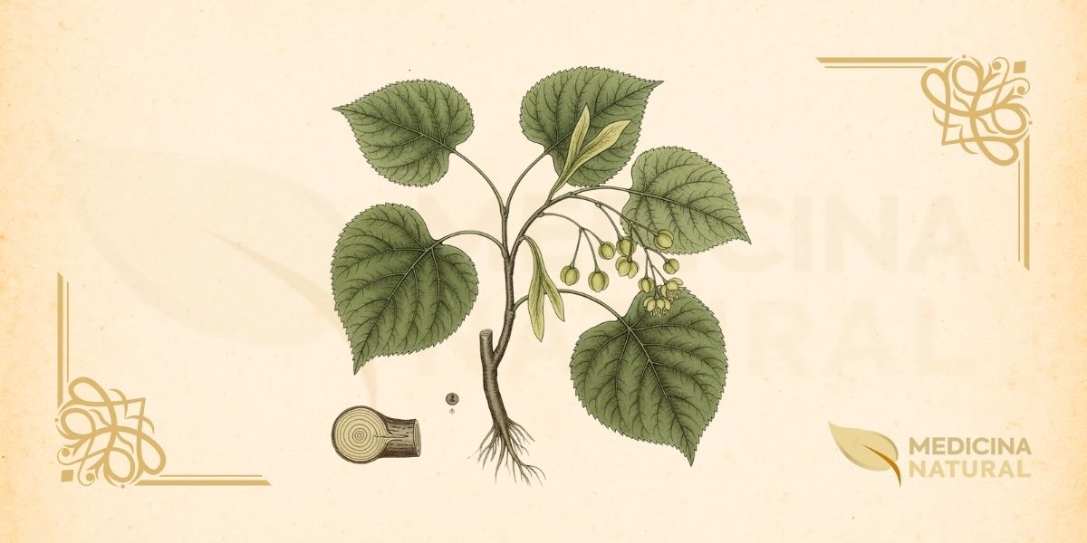 A Tilia americana é uma árvore decídua de grande porte, podendo atingir mais de 30 metros de altura, com uma copa densa e arredondada que oferece uma sombra generosa. Suas folhas são grandes, em formato de coração (cordiformes), com bordas serrilhadas e uma base assimétrica. As flores, pequenas e de cor amarelo-pálido, são extremamente perfumadas e se agrupam em inflorescências pendentes, cada uma com uma bráctea longa e esverdeada que parece uma asa. Essas flores são a parte mais valorizada da planta para uso medicinal e são colhidas no início do verão.