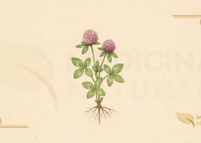 Ilustração botânica de Trifolium pratense L. (trevo-vermelho, trevo-dos-prados, red clover), planta herbácea perene da família Fabaceae descrita por Lineu em 1753, nativa da Europa, Ásia ocidental e noroeste da África, mostrando planta completa com folhas trifoliadas características (três folíolos ovais com marcas brancas em forma de V), caules delgados, flores rosa-púrpura em capítulos esféricos densos compostos por muitas pequenas flores tubulares, e sistema radicular pivotante com nódulos fixadores de nitrogênio, em estilo de enciclopédia botânica do século XIX.