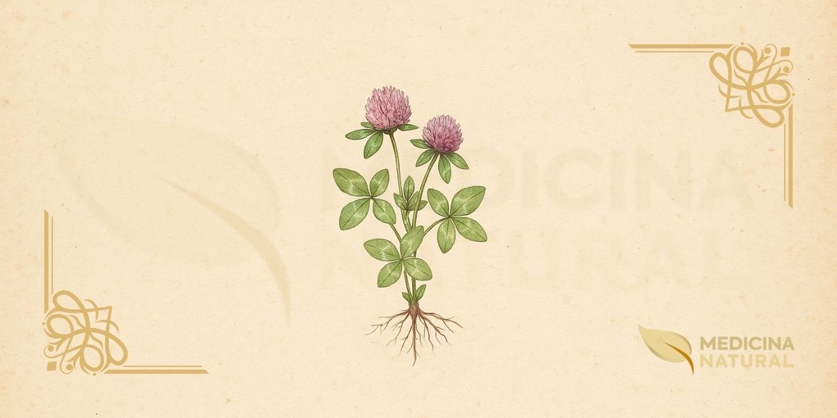 Ilustração botânica de Trifolium pratense L. (trevo-vermelho, trevo-dos-prados, red clover), planta herbácea perene da família Fabaceae descrita por Lineu em 1753, nativa da Europa, Ásia ocidental e noroeste da África, mostrando planta completa com folhas trifoliadas características (três folíolos ovais com marcas brancas em forma de V), caules delgados, flores rosa-púrpura em capítulos esféricos densos compostos por muitas pequenas flores tubulares, e sistema radicular pivotante com nódulos fixadores de nitrogênio, em estilo de enciclopédia botânica do século XIX.