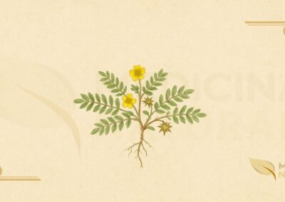Ilustração botânica de Tribulus terrestris L. (tribulus, gokshura, puncture vine), planta prostrada da família Zygophyllaceae descrita por Lineu em 1753, nativa da Europa, Ásia e África, mostrando caules rasteiros, folhas compostas pinadas com folíolos ovais, flores amarelas de cinco pétalas, e frutos lenhosos espinhosos em forma de estrela com espinhos afiados, em estilo de enciclopédia botânica do século XIX.