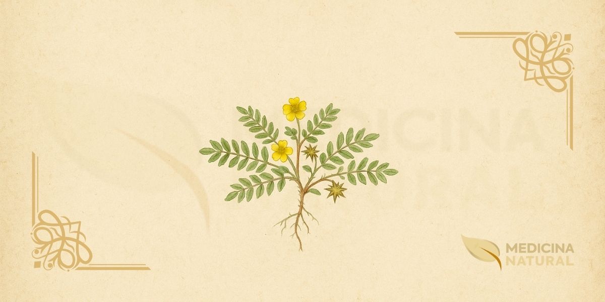 Ilustração botânica de Tribulus terrestris L. (tribulus, gokshura, puncture vine), planta prostrada da família Zygophyllaceae descrita por Lineu em 1753, nativa da Europa, Ásia e África, mostrando caules rasteiros, folhas compostas pinadas com folíolos ovais, flores amarelas de cinco pétalas, e frutos lenhosos espinhosos em forma de estrela com espinhos afiados, em estilo de enciclopédia botânica do século XIX.