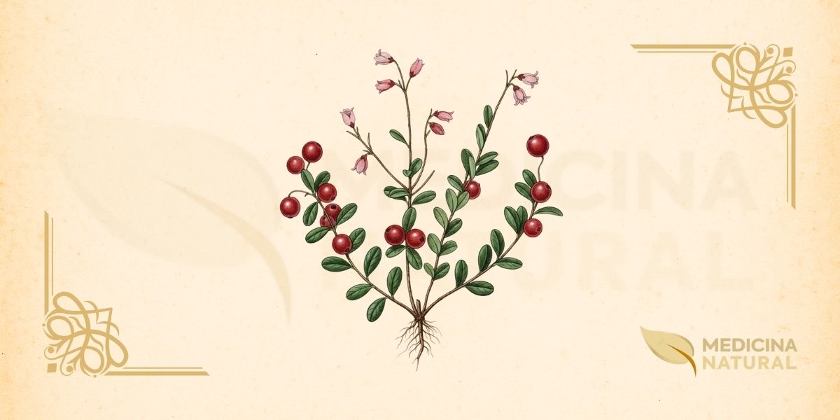 Vaccinium macrocarpon Aiton (Ericaceae) é um arbusto perene rasteiro nativo da América do Norte, com vinhas que formam tapetes densos em pântanos ácidos. Apresenta folhas pequenas (5-15 mm), ovaladas, verde-escuras e persistentes. As flores são rosadas ou brancas, com pétalas curvadas para trás. Os frutos são bagas vermelhas brilhantes (10-20 mm), ácidas, ricas em proantocianidinas do tipo A, utilizadas tradicionalmente na prevenção de infecções do trato urinário.