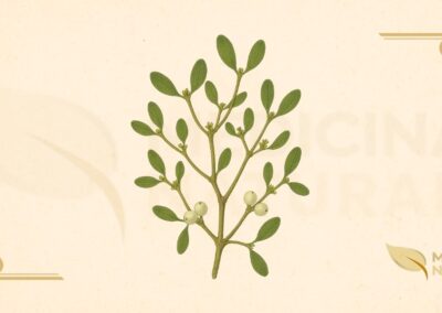 O Viscum album L. (Santalaceae) é um arbusto hemiparasita perene e dioico que forma tufos esféricos de 20 a 100 cm nos galhos de árvores hospedeiras. Possui caule dicotomicamente ramificado verde-amarelado, folhas opostas coriáceas de 2-8 cm, flores amarelo-esverdeadas inconspícuas e pseudobagas brancas translúcidas de 6-10 mm contendo sementes em polpa viscosa. Estabelece conexão vascular com o hospedeiro através de haustórios, obtendo água e sais minerais, mas mantém fotossíntese autônoma. Distribui-se pela Europa, Norte da África e Ásia temperada até 1.400 m de altitude, com três subespécies principais que se especializam em diferentes hospedeiros, influenciando sua composição fitoquímica.