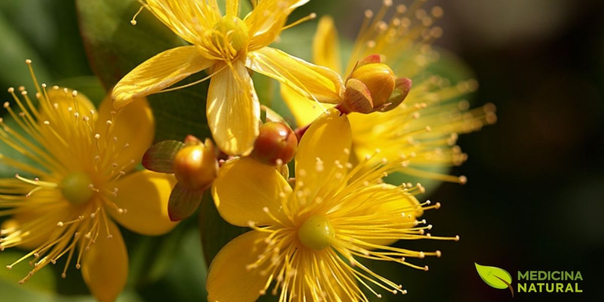 As vibrantes flores amarelas da Erva-de-São-João (Hypericum perforatum), um dos fitoterápicos mais estudados e consagrados para o tratamento da depressão leve a moderada. Rica em hipericina e hiperforina, esta planta medicinal atua como um inibidor natural da recaptação de serotonina, dopamina e noradrenalina, oferecendo uma alternativa eficaz e com menos efeitos colaterais que os antidepressivos convencionais.