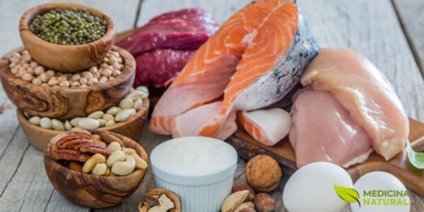 Mesa rústica com uma seleção diversificada de fontes naturais de proteína, incluindo salmão fresco, peito de frango, ovos, leguminosas (lentilhas e feijão), nozes, sementes e iogurte natural. Esta composição ilustra a importância de variar as fontes proteicas para garantir a ingestão de todos os aminoácidos essenciais, especialmente a leucina, o principal gatilho para o crescimento muscular através da ativação da via mTORC1.