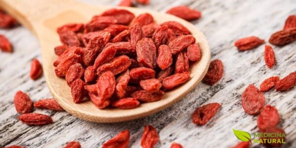 Goji berries secas sendo servidas em uma colher de madeira, com mais frutas espalhadas sobre uma superfície rústica. A composição sugere uma forma de dosagem e o uso culinário da fruta.