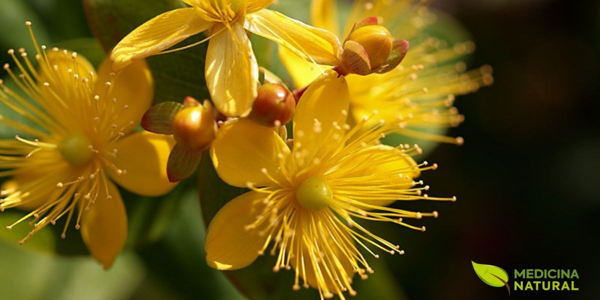 Flores amarelas vibrantes do hipérico (Hypericum perforatum), também conhecido como erva-de-são-joão. As pétalas contêm glândulas translúcidas com hipericina e hiperforina, compostos que inibem a recaptação de serotonina, dopamina e noradrenalina. Estudos em ratos demonstram que o extrato de hipérico reduz significativamente o consumo voluntário de álcool, tornando-o valioso no tratamento da depressão comórbida ao alcoolismo.