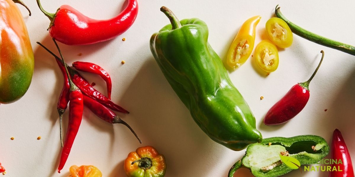 Seleção de pimentas frescas incluindo pimentões amarelos e verdes, pimentas vermelhas e jalapeños, mostrando a variedade de formas, tamanhos e cores das espécies de Capsicum utilizadas tanto na culinária quanto na medicina natural.