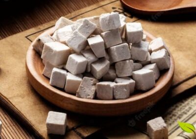 O esclerócio do poria (Poria cocos), a parte do cogumelo que cresce no subsolo e concentra todas as propriedades medicinais. Com aparência de uma batata, este fungo é um tesouro da medicina tradicional chinesa, usado há mais de 2.000 anos por seus efeitos diuréticos, calmantes e, mais recentemente, antitumorais.