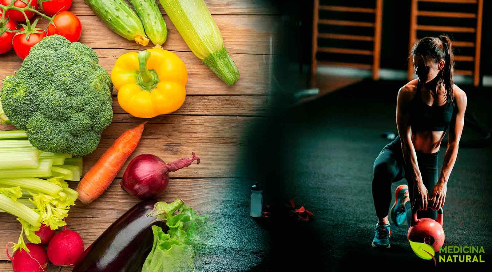princípios da alimentação saudável com legumes e verduras e mulher se exercitando em academia