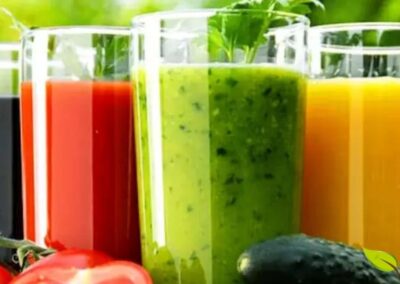 Diversidade de sucos detox em cores vibrantes, do verde ao vermelho e amarelo, demonstrando a riqueza nutricional de diferentes combinações de frutas e vegetais. Cada cor representa um conjunto único de antioxidantes e fitoquímicos que trabalham juntos para promover a saúde.