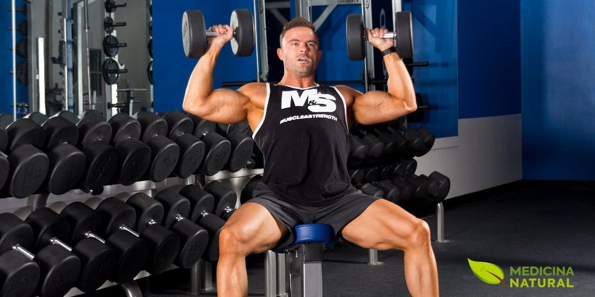 Atleta realizando rosca direta com halteres em academia equipada, focando no desenvolvimento dos bíceps. O treinamento de resistência progressivo é o principal estímulo para a hipertrofia muscular, ativando a cascata de sinalização celular que culmina no aumento da síntese proteica muscular (MPS). Para maximizar os resultados, é fundamental combinar o treino com uma ingestão adequada de proteínas (1.7-2.2g/kg), carboidratos para reposição de glicogênio e suplementos naturais como creatina. Fonte: Muscle & Strength.