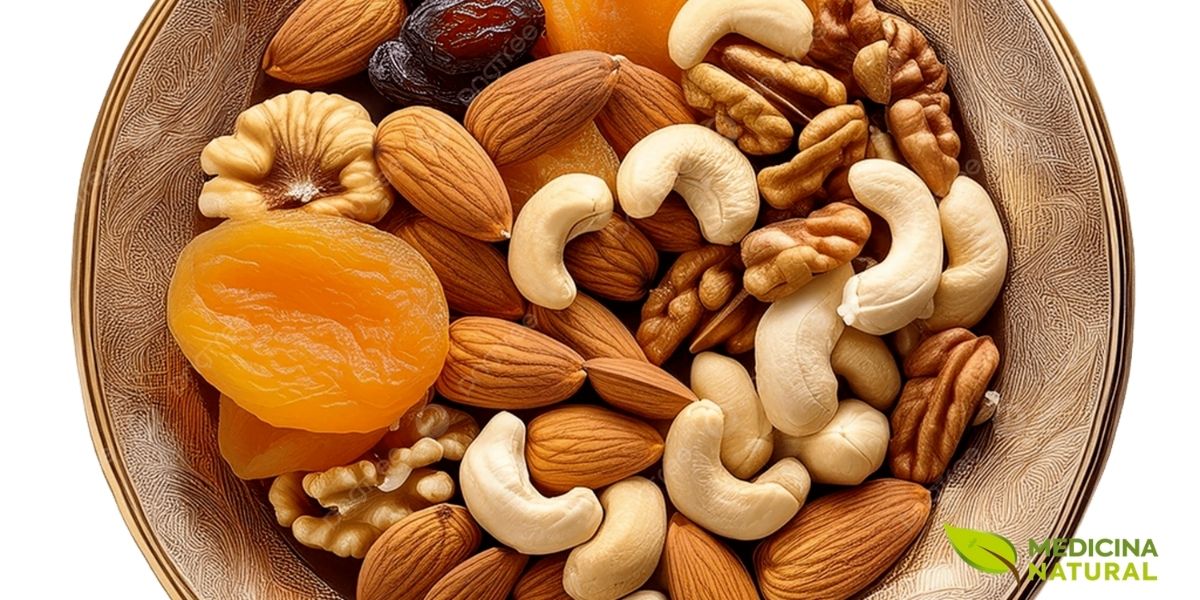 Variedade completa de oleaginosas dispostas em tigelas de madeira sobre superfície rústica escura: nozes, amêndoas, castanhas de caju, avelãs, macadâmia, pistache, amendoim e castanha-do-pará. Composição que representa as principais fontes de gorduras monoinsaturadas, vitamina E, magnésio, selênio e, no caso das nozes, ômega 3 (ALA). Consumo recomendado: 30 gramas (um punhado) por dia para proteção cardiovascular, saciedade e saúde cerebral.